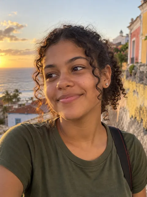 Bia Santos, a fictional 16-year-old from Olinda, smiling outdoors