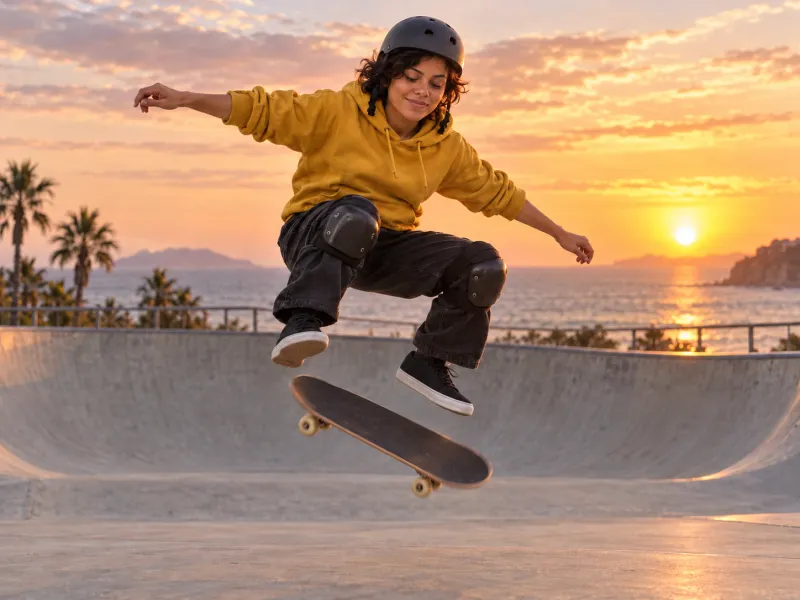Lia Moreira in the middle of a kickflip in a concrete skate bowl at sunset